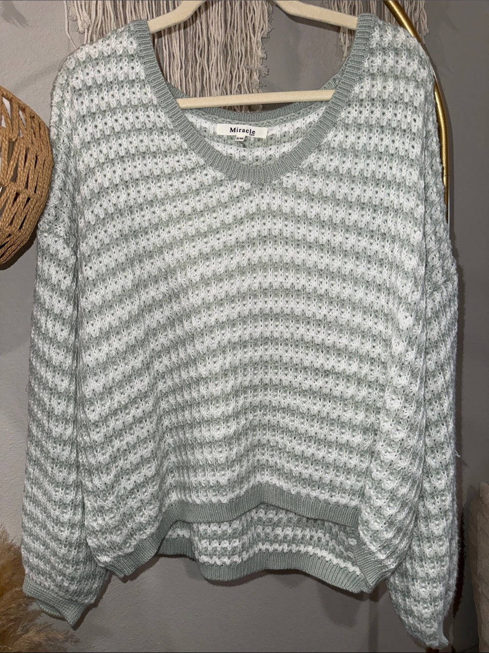 Miracle Pale Mint and White Striped Scoop Neck Sweater
